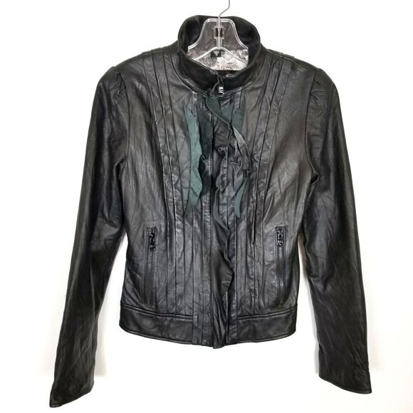 GUESS Jackets & Blazers - Guess Women 100% Leather Ruffle Front Jacket Sz XS Black Zip Up‎ Short Y2K